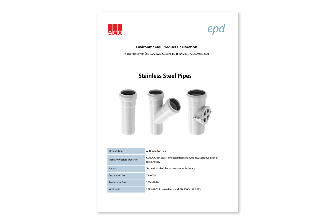 EPD & COA - ACO Stainless steel pipes